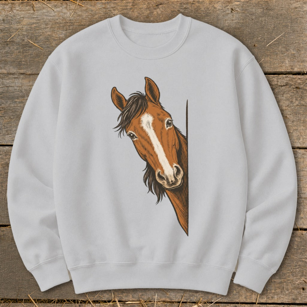 Light gray sweatshirt with a brown horse head peeking from the right side.