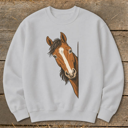 Light gray sweatshirt with a brown horse head peeking from the right side.