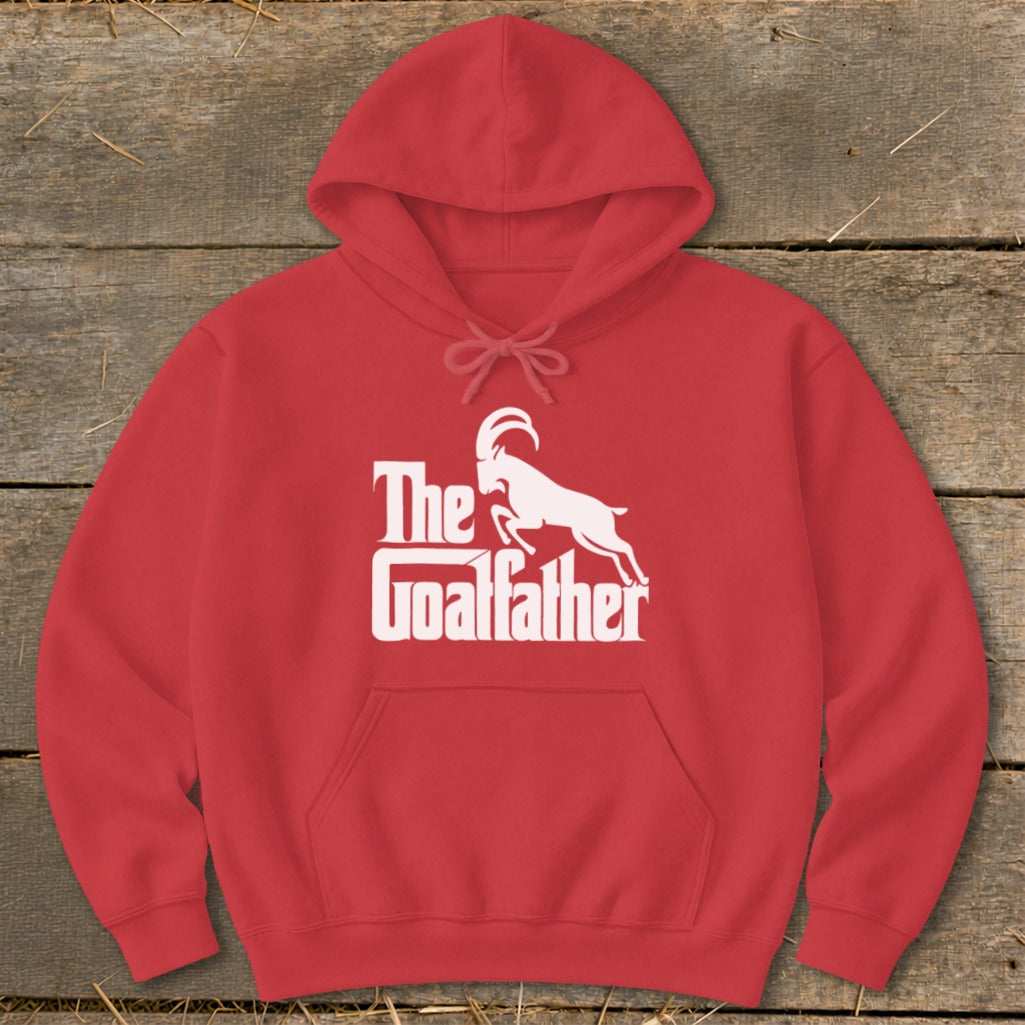 Red hoodie with white "The Goatfather" text and a goat graphic.