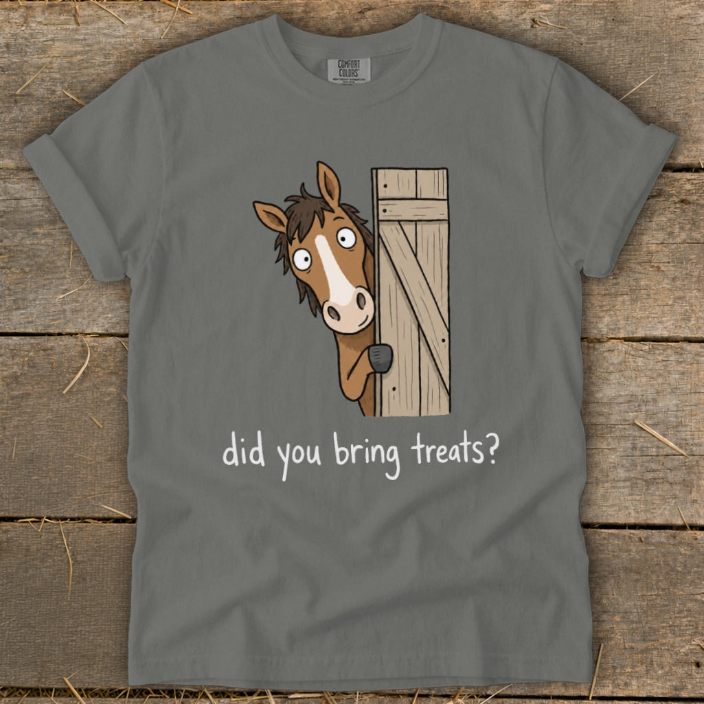 Cartoon horse peeking around a wooden gate asking "did you bring treats?".
