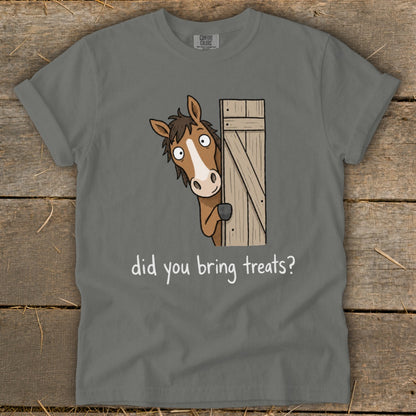 Cartoon horse peeking around a wooden gate asking "did you bring treats?".