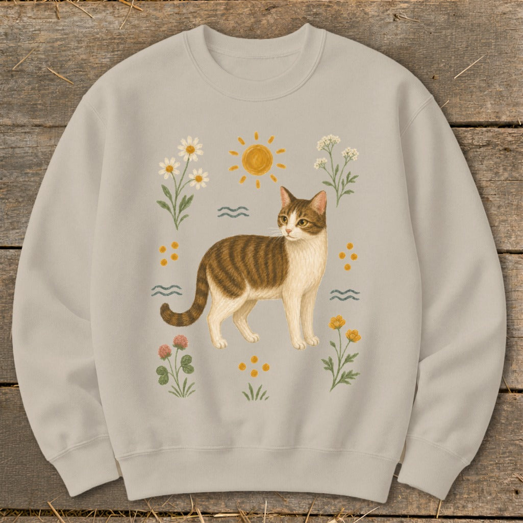 Crewneck sweatshirt with a tabby cat and floral watercolor print.