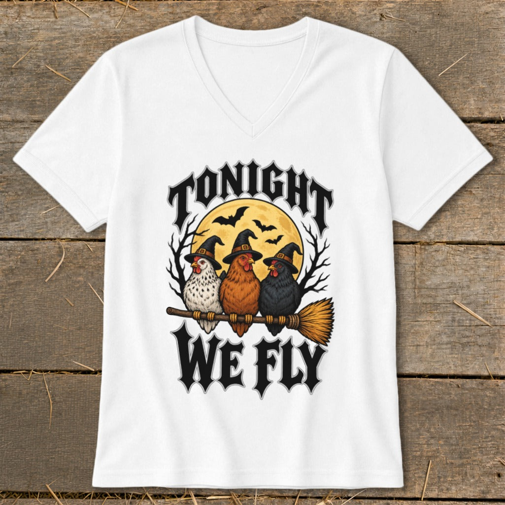 Three chickens in witch hats sit on a broom with text "TONIGHT WE FLY".