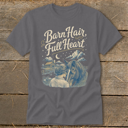 Gray t-shirt with "Barn Hair, Full Heart" text and horse and girl illustration.