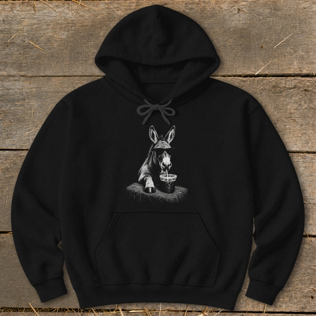 Black hoodie with graphic of donkey wearing sunglasses and drinking from a cup.
