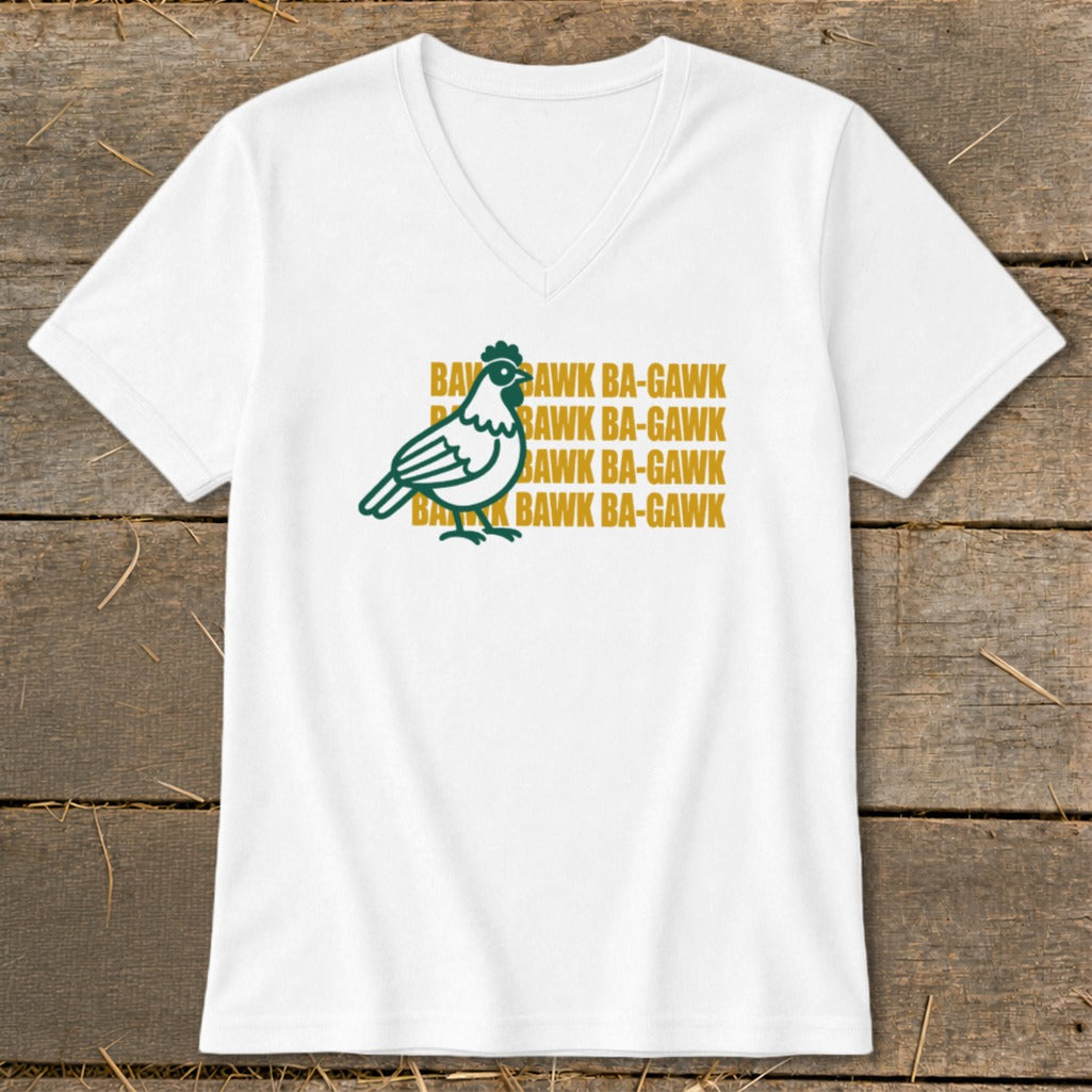 White V-neck t-shirt with a green chicken graphic and repeating text "BawK BA-GAWK".