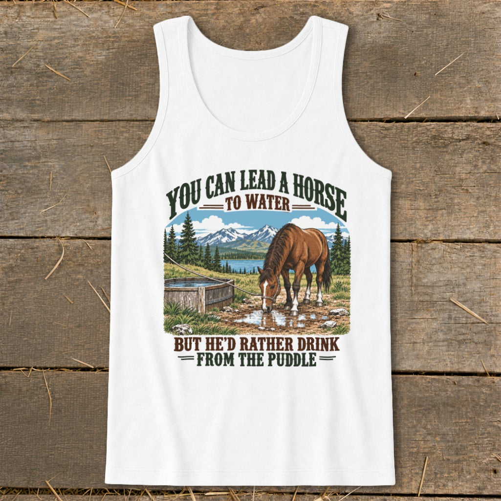 A white tank top with a graphic of a horse drinking from a puddle.