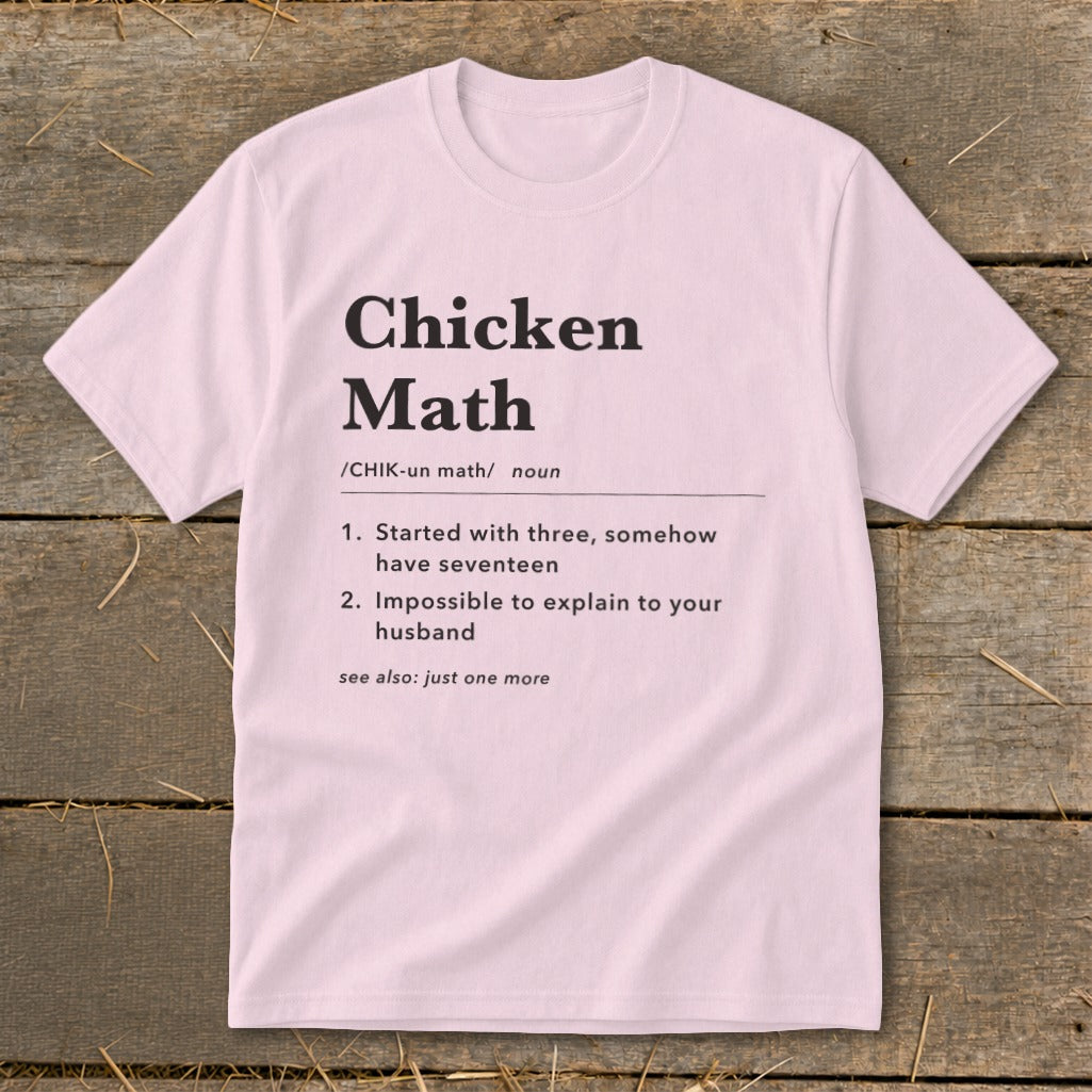 Pink t-shirt with "Chicken Math" definition: 1. Started with three, somehow have seventeen.