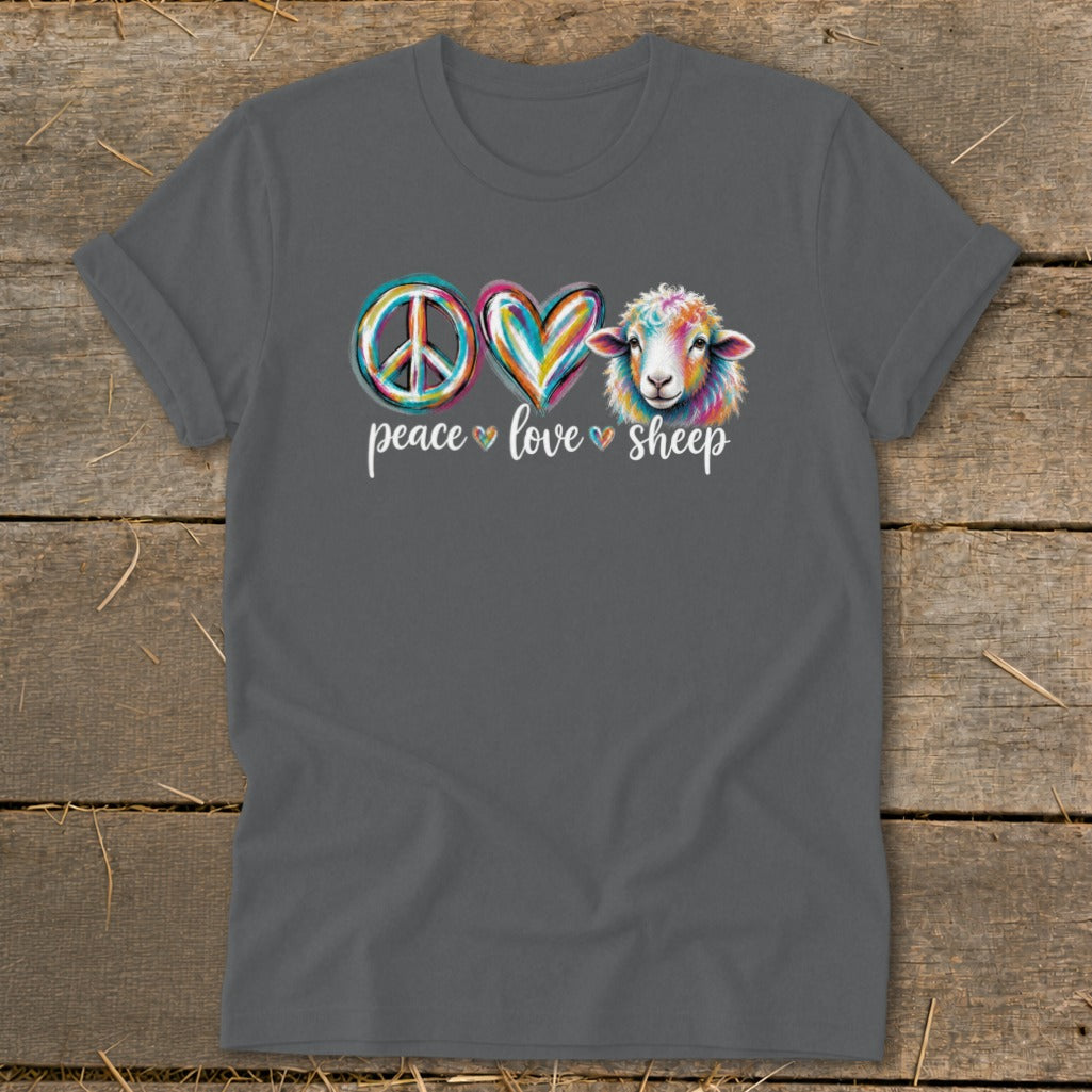 Grey t-shirt with peace, heart, and colorful sheep graphic and "peace love sheep" text.