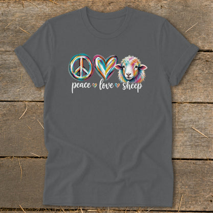 Grey t-shirt with peace, heart, and colorful sheep graphic and "peace love sheep" text.