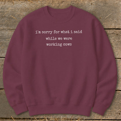 Maroon sweatshirt with white text: "i'm sorry for what i said while we were working cows"
