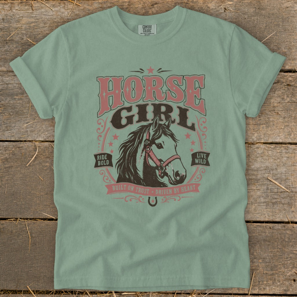 Green t-shirt with "Horse Girl" text and a horse head graphic.