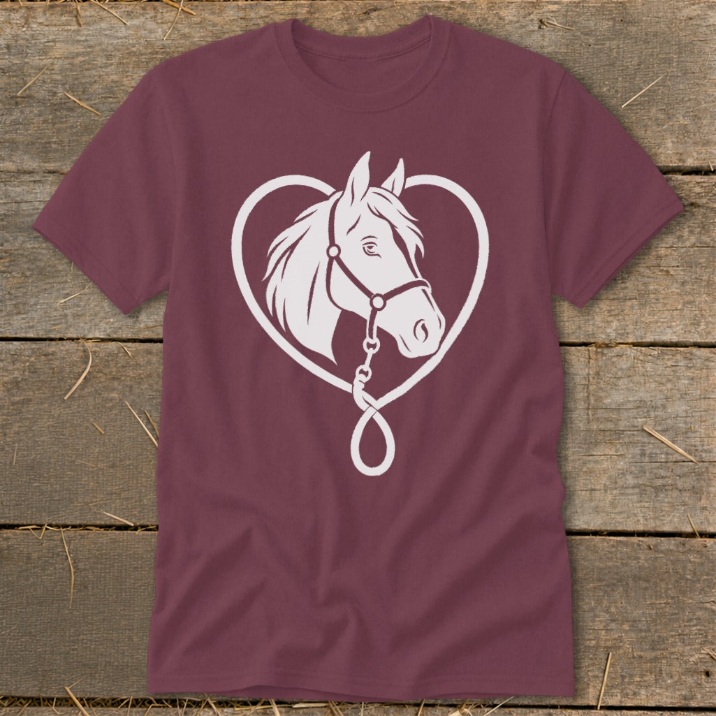 Maroon crewneck t-shirt featuring a white graphic of a horse head inside a heart-shaped outline.