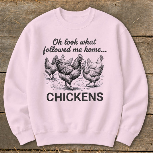 Pink sweatshirt with a black graphic of chickens and text "Oh look what followed me home... CHICKENS".