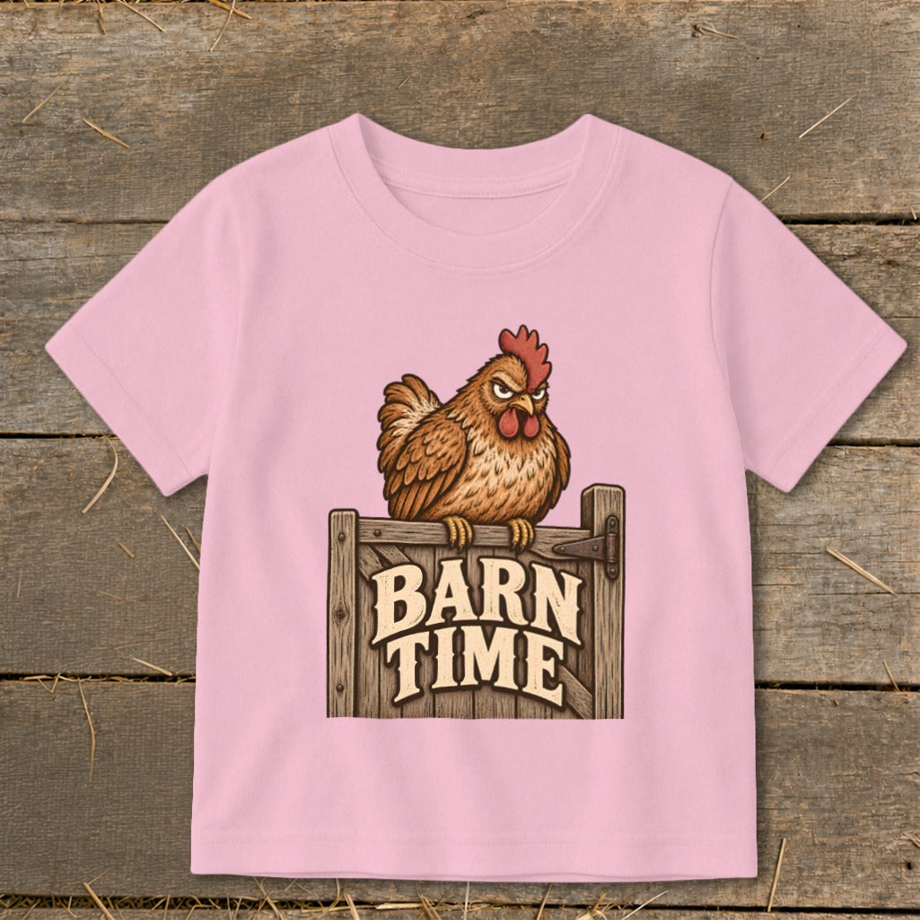 Pink t-shirt with a cartoon chicken sitting on a wooden gate that says "BARN TIME".