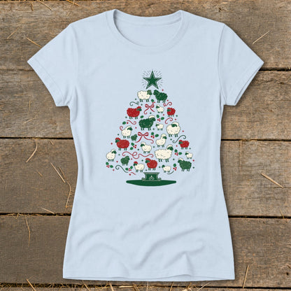 Light blue t-shirt with a Christmas tree made of sheep, stars, and ribbons.