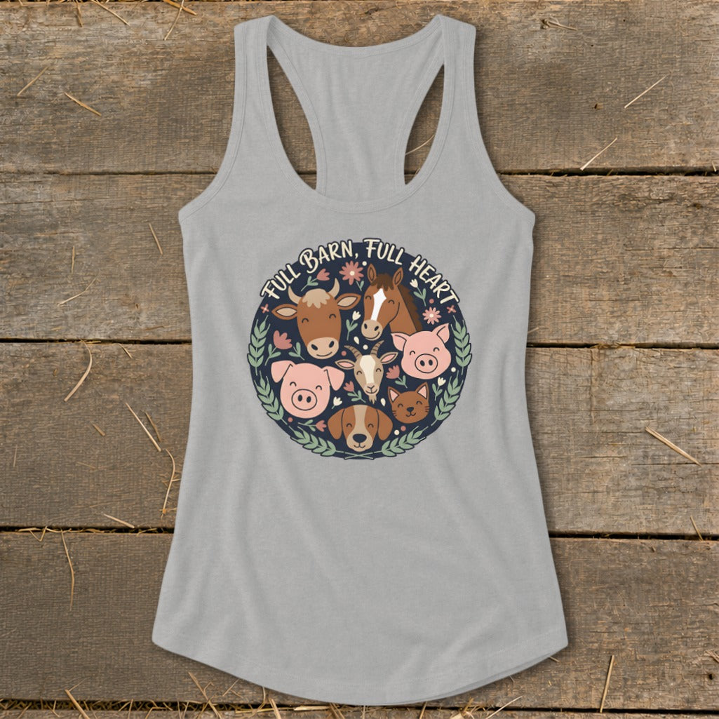 Gray tank top with a circular farm animal graphic and text.