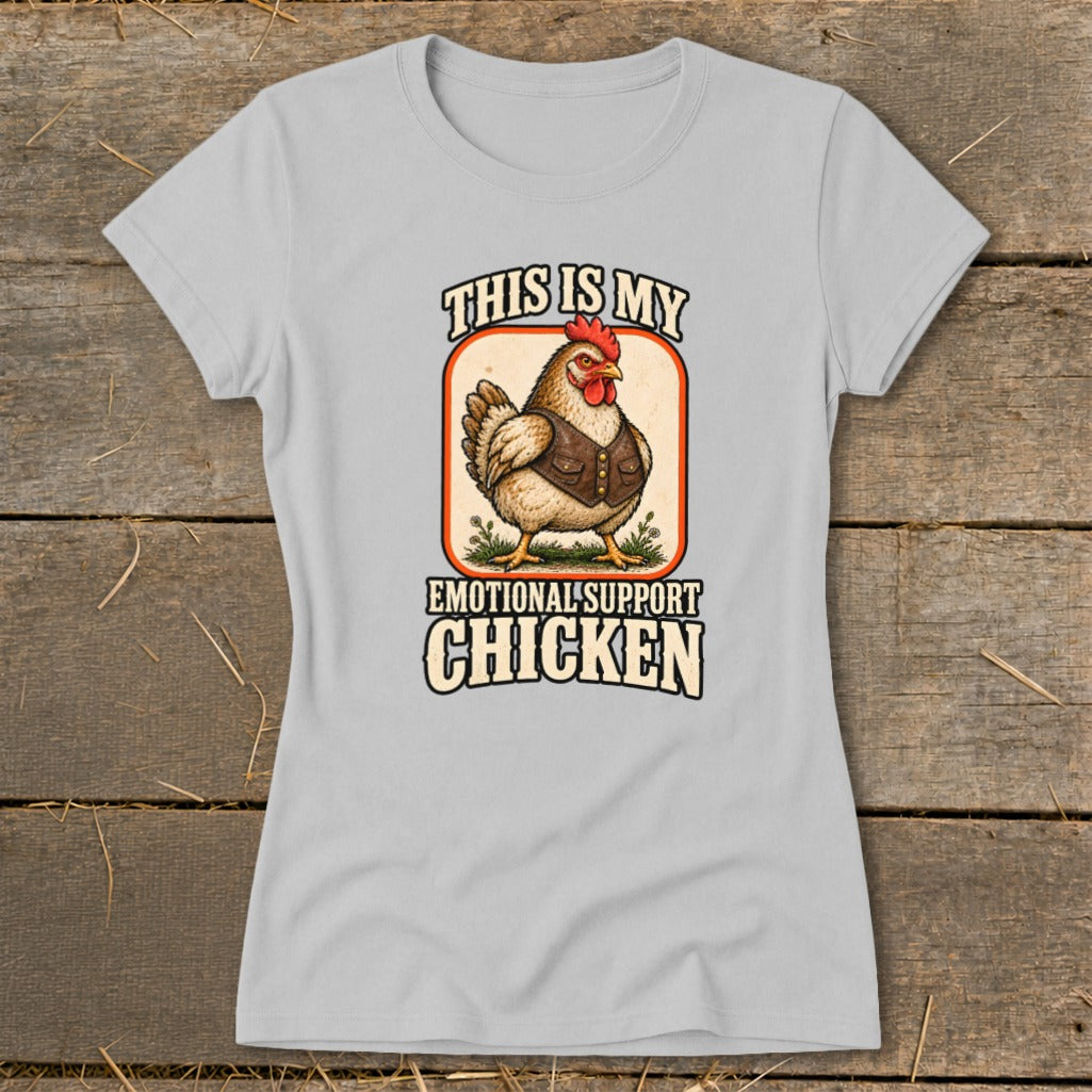 Grey t-shirt with graphic of chicken in vest, text reads "This is My Emotional Support Chicken".