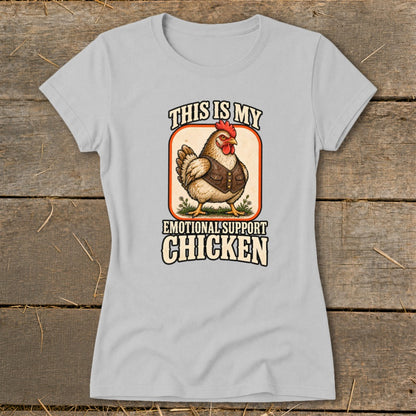 Grey t-shirt with graphic of chicken in vest, text reads "This is My Emotional Support Chicken".