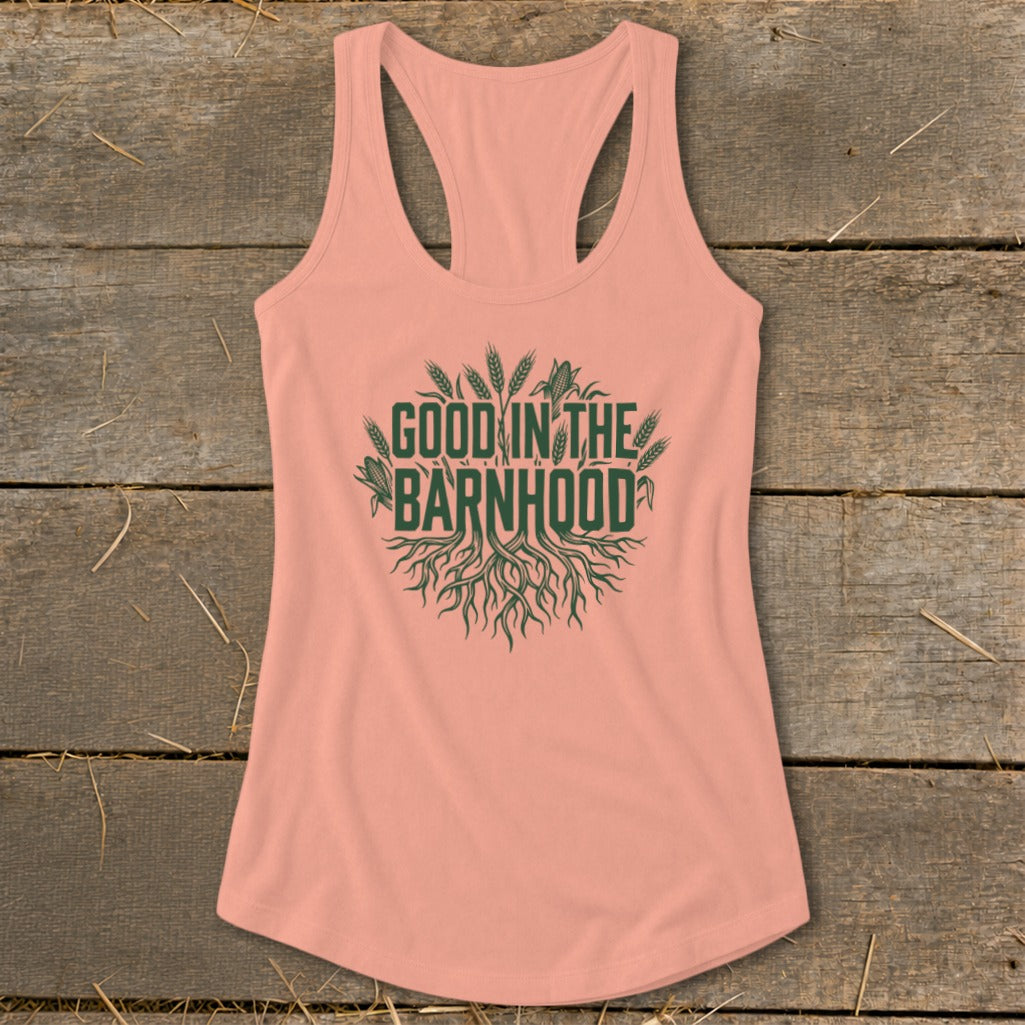 Peach tank top with "Good in the Barnhood" text and farm graphics.