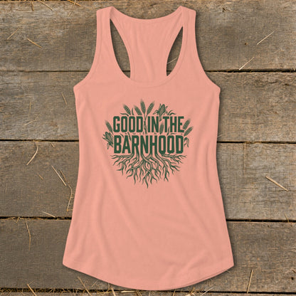 Peach tank top with "Good in the Barnhood" text and farm graphics.
