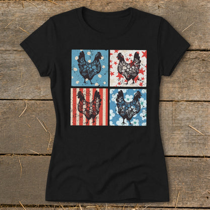 Black t-shirt with four squares featuring stylized chickens in patriotic patterns.