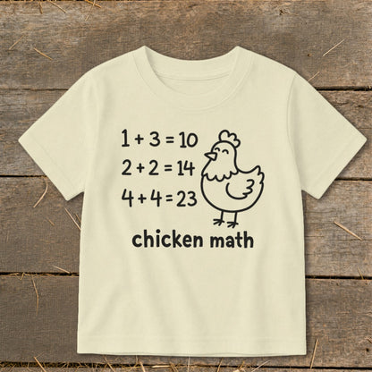 Cream t-shirt with "1 + 3 = 10", "2+2 = 14", "4+4=23", and "chicken math".
