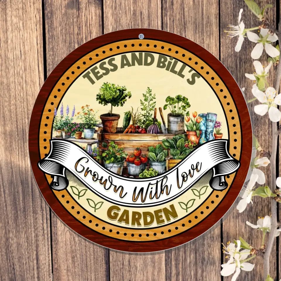 Custom Design 12" round tinplate / n/a / 12in x 12in Custom Grown with Love Garden Sign