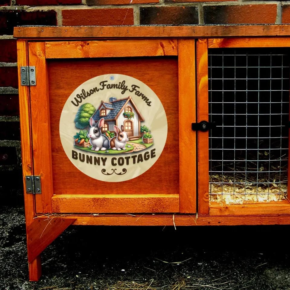 Custom Design 12" round tinplate / n/a / 12in x 12in Personalized Bunny Cottage - Rabbit Hutch Sign