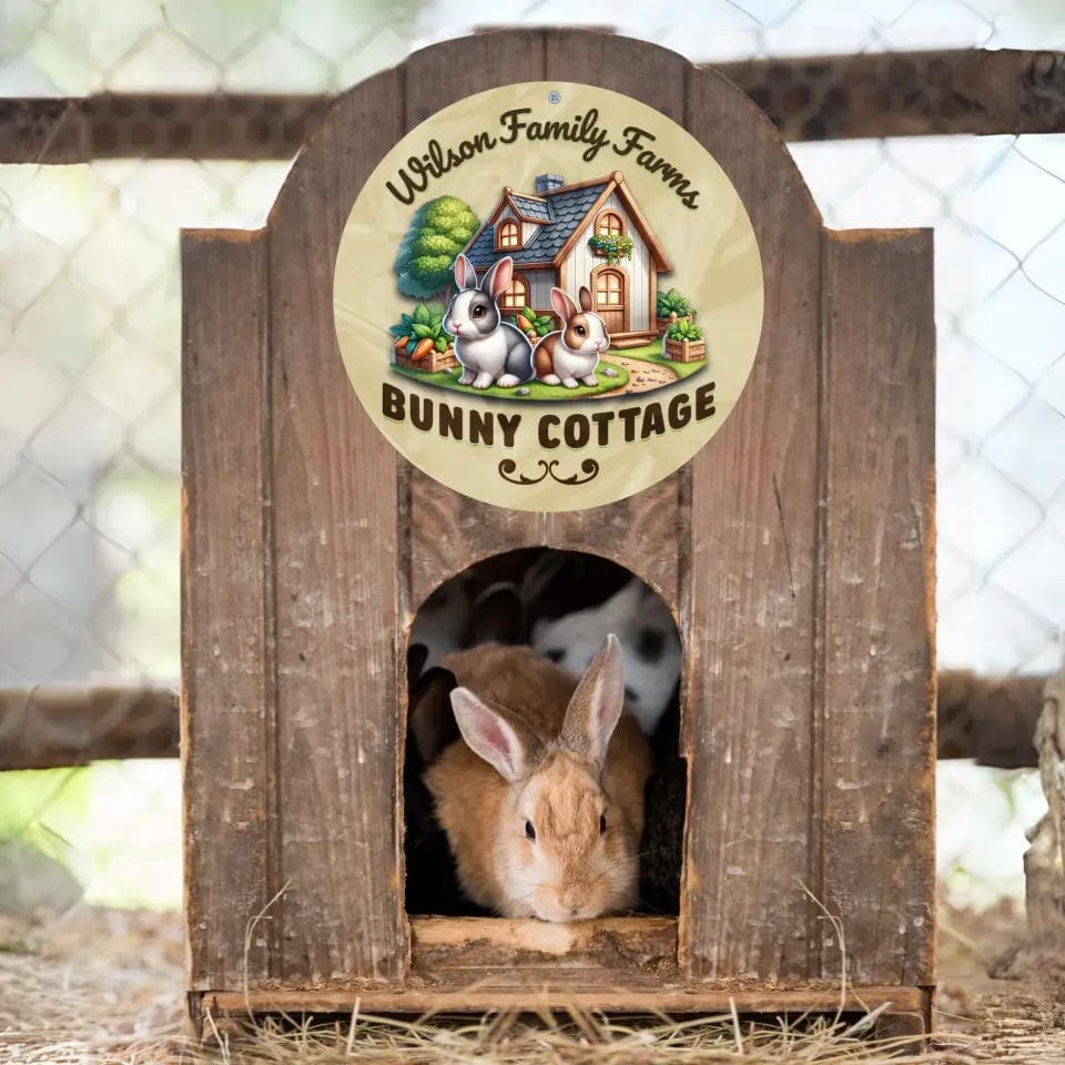 Custom Design 12" round tinplate / n/a / 12in x 12in Personalized Bunny Cottage - Rabbit Hutch Sign