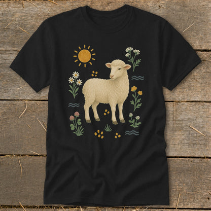 Black t-shirt with a light brown sheep and whimsical floral design.