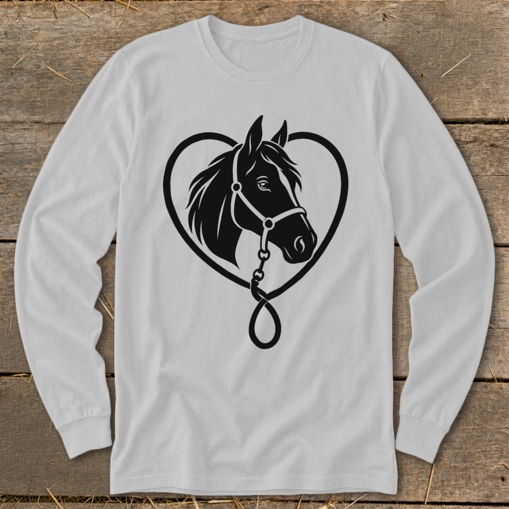 Light gray long-sleeve shirt featuring a black graphic of a horse head inside a heart shape.