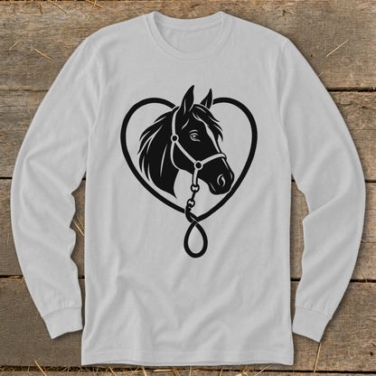 Light gray long-sleeve shirt featuring a black graphic of a horse head inside a heart shape.