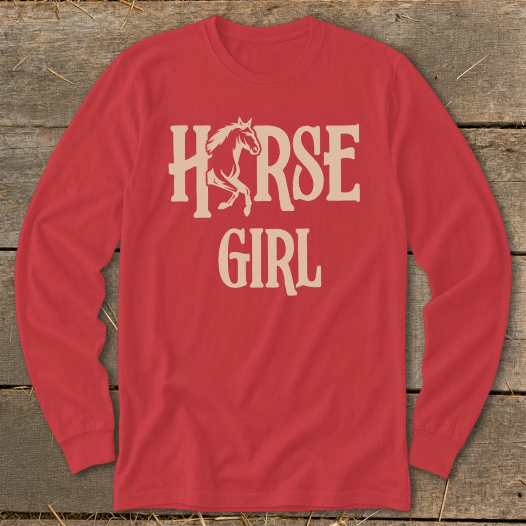 Red long sleeve t-shirt with "HORSE GIRL" graphic and horse silhouette.