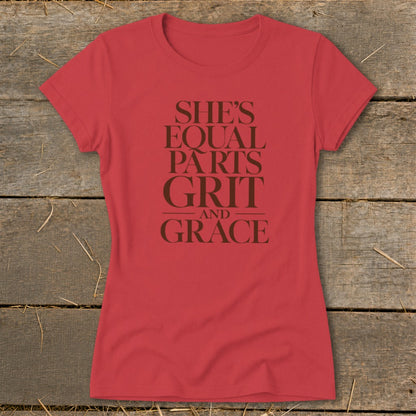 Red t-shirt with "She's Equal Parts Grit and Grace" text in brown.