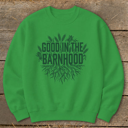 Green sweatshirt with "Good in the Barnhood" text and agricultural graphics.
