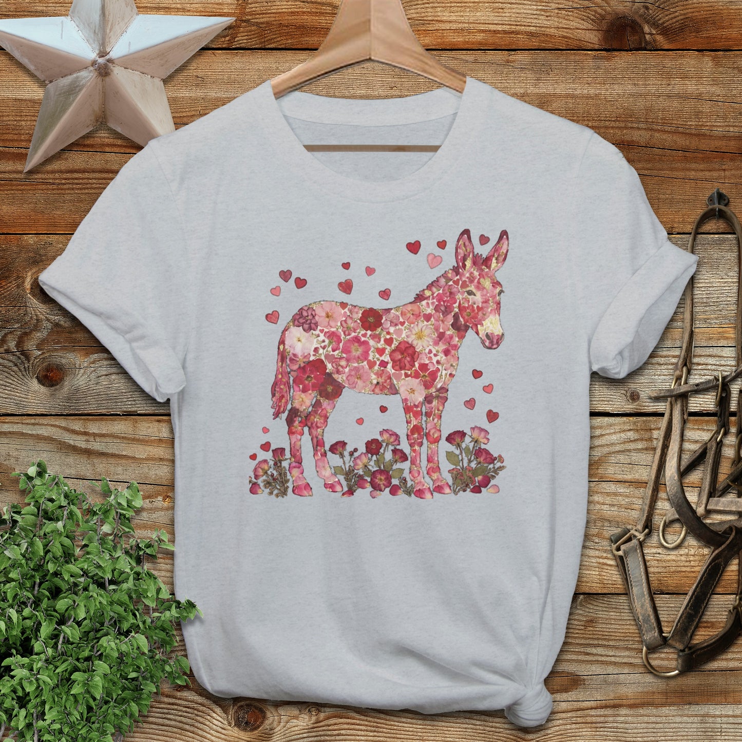 Floral Donkey Design with Hearts Graphic Tee Shirt