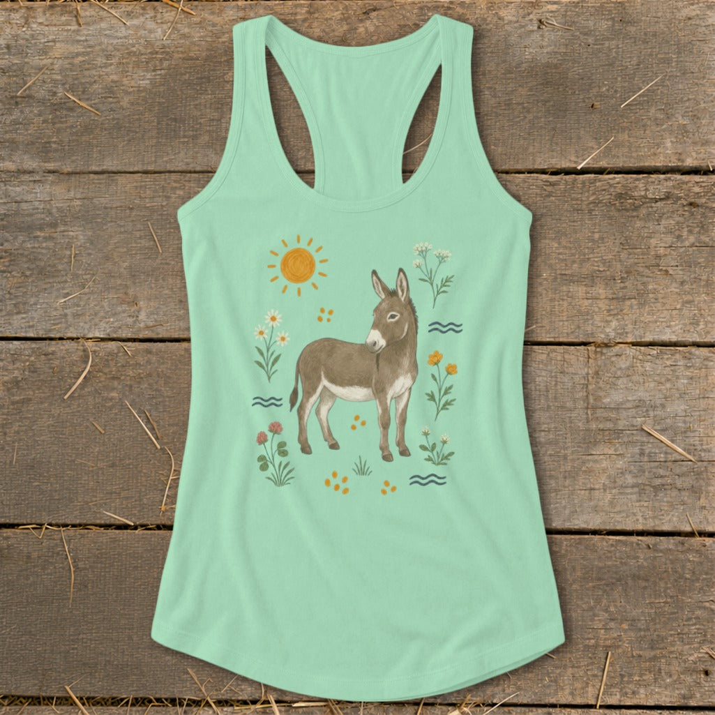 Mint green tank top with a donkey and floral illustration.