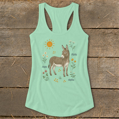Mint green tank top with a donkey and floral illustration.