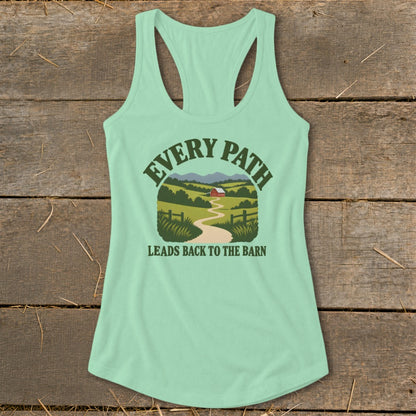 Light green tank top with graphic of winding path to barn and text "EVERY PATH LEADS BACK TO THE BARN".
