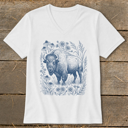 White v-neck t-shirt with a blue ink drawing of a bison surrounded by wildflowers.