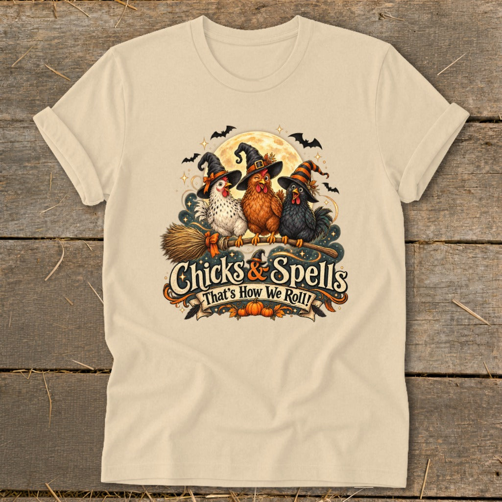 Three chickens in witch hats ride a broomstick with text "Chicks & Spells"