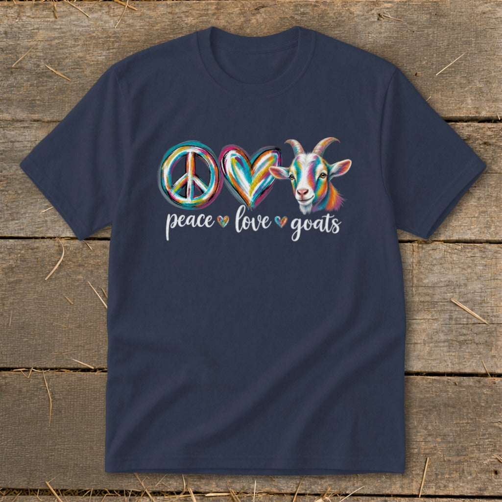 Navy t-shirt with "peace love goats" text and colorful peace sign, heart, and goat graphic.