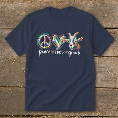 Navy t-shirt with "peace love goats" text and colorful peace sign, heart, and goat graphic.