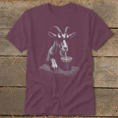T-shirt with a drawing of a goat wearing sunglasses and drinking from a cup.