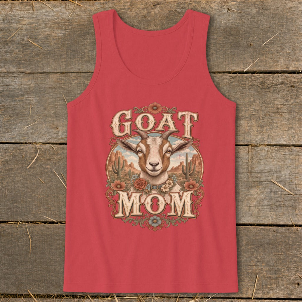 Red tank top with "GOAT MOM" text and a goat illustration.