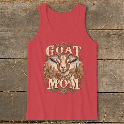 Red tank top with "GOAT MOM" text and a goat illustration.