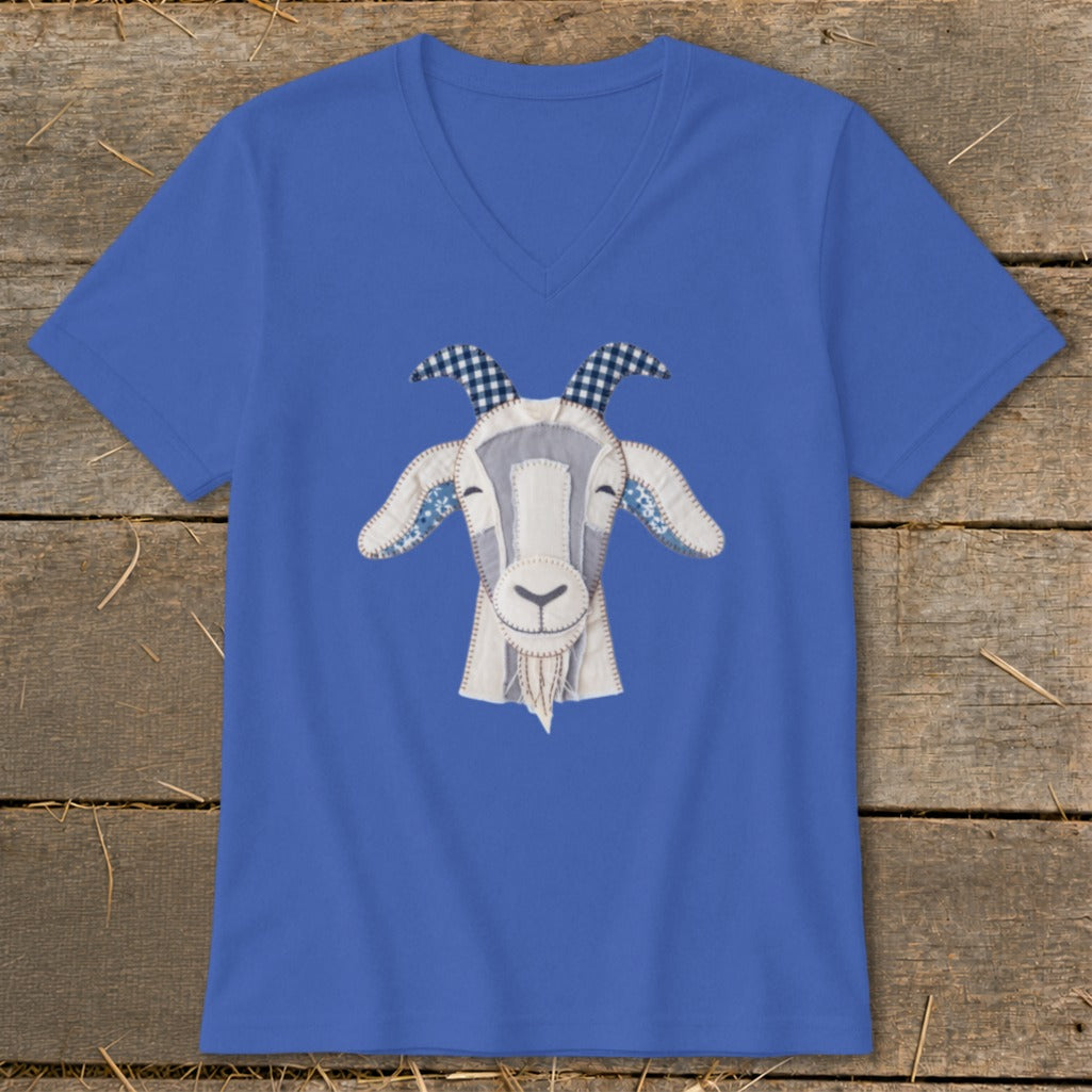 Blue V-neck t-shirt with a stitched goat face graphic with gingham horns.