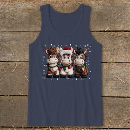 Three cartoon horses in festive attire with snowflakes on a navy tank top.