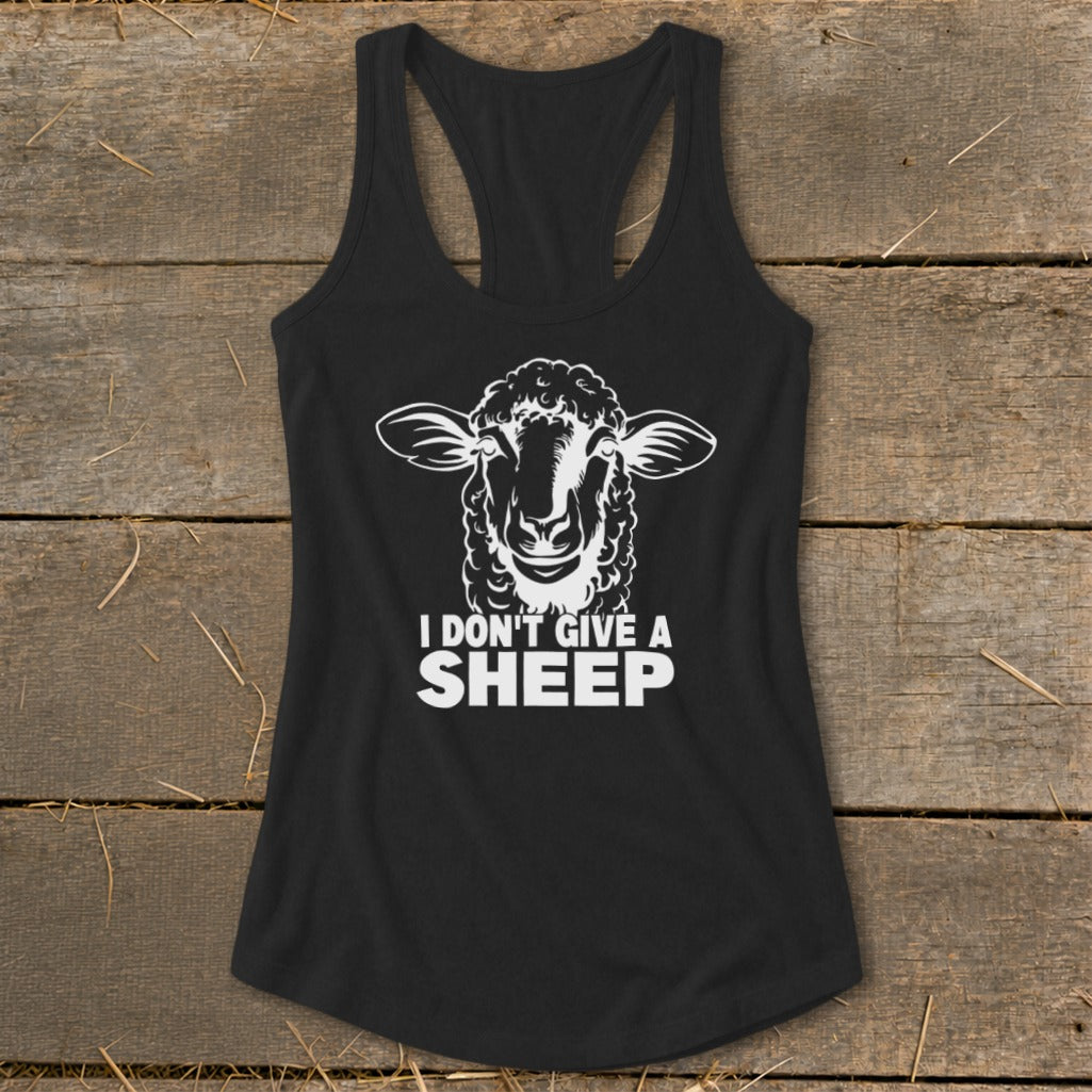 Black tank top with a white graphic of a sheep and text "I DON'T GIVE A SHEEP".